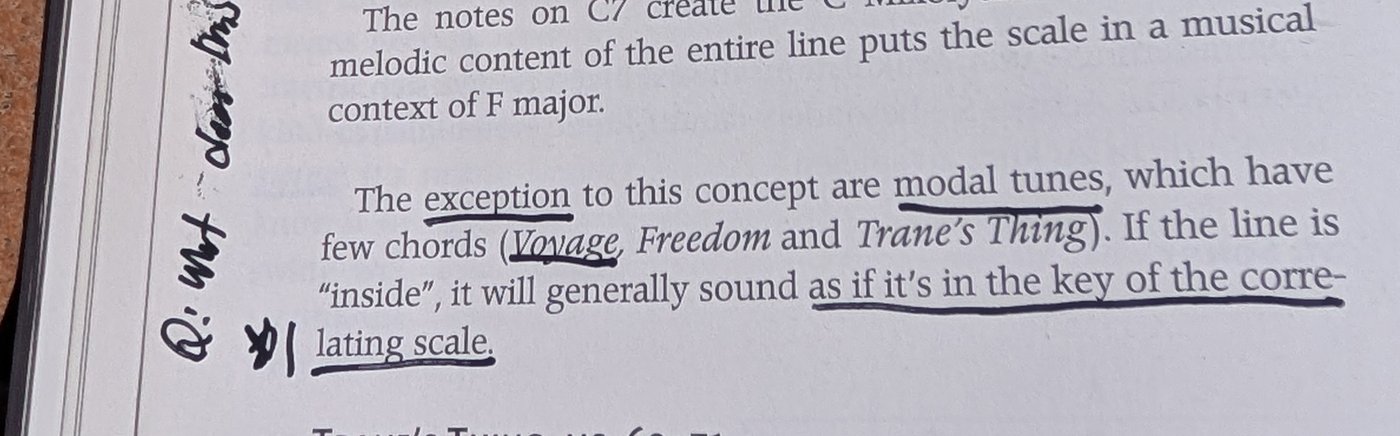 The paragraph in Snidero's appendix about modal tunes, underlined, with my margin note Q: what does this mean?