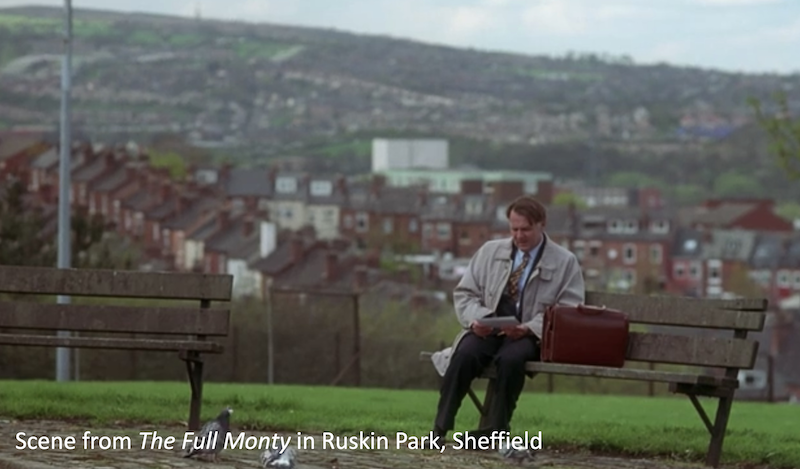 Scene from The Full Monty in Ruskin Park, Sheffield