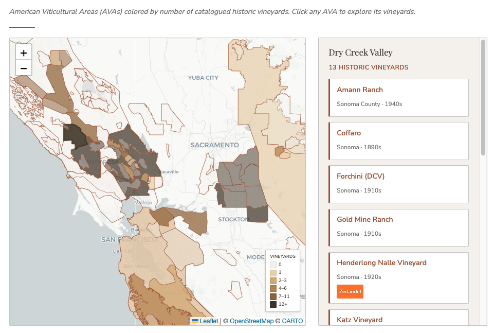 Interactive map of California AVAs colored by number of historic vineyards