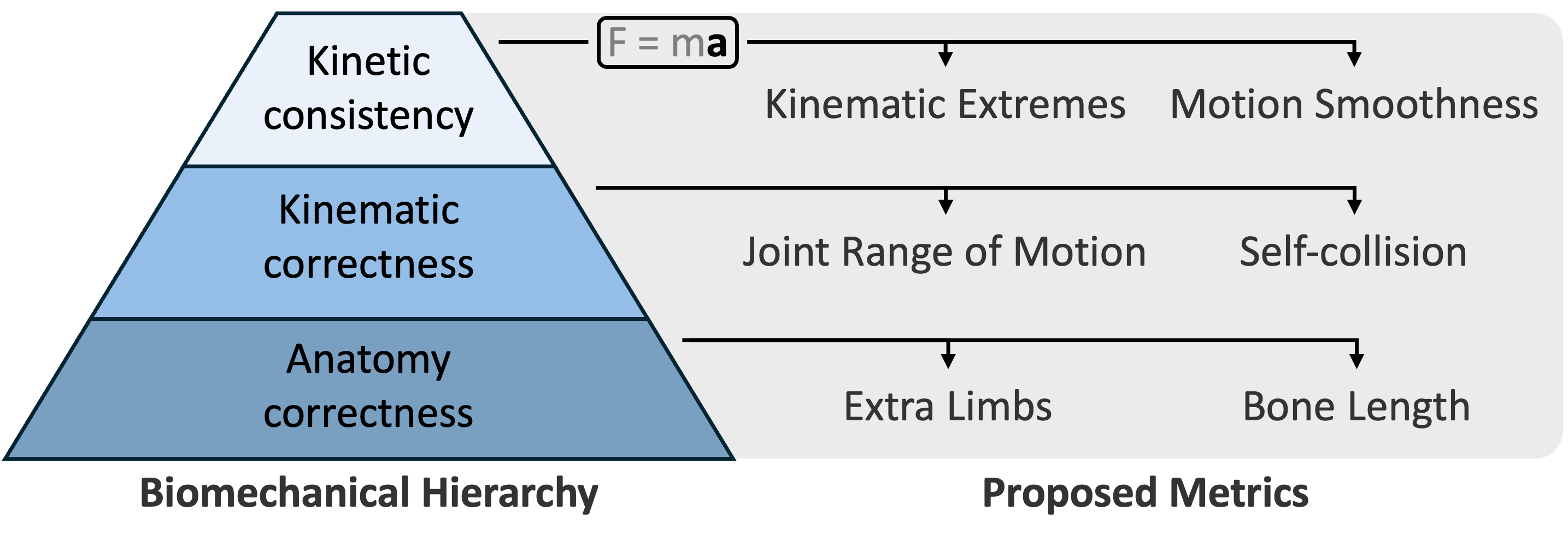 The HumanScore biomechanical hierarchy and its six metrics.