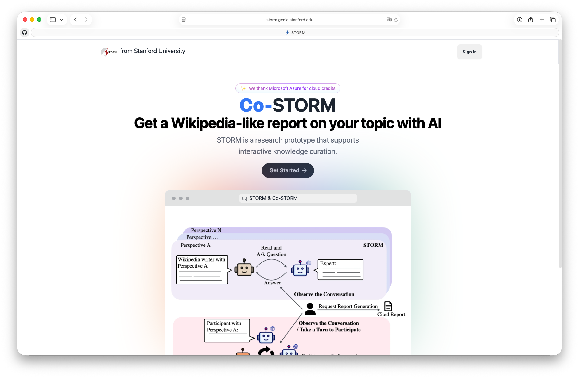 Diagram of STORM & Co‑STORM showing humans and agents co‑curating sources to generate a cited report.